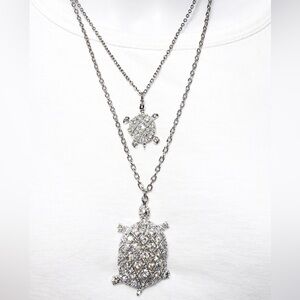 Double Turtle Pendant Necklace AB Rhinestone Silver Tone Screw Clasp 22.5”